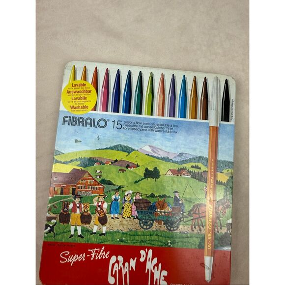 Vintage Caran d'Ache FIBRALO Fiber-Tipped Pens with Swiss Alpine Scene Metal Tin - Picture 4 of 8